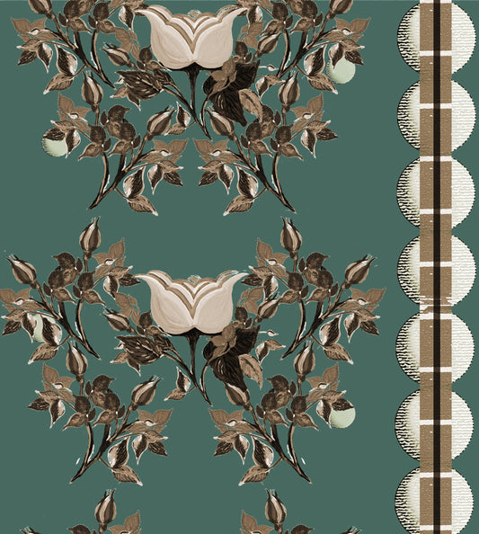 English Moon Rose Garden Fabric Green Brown