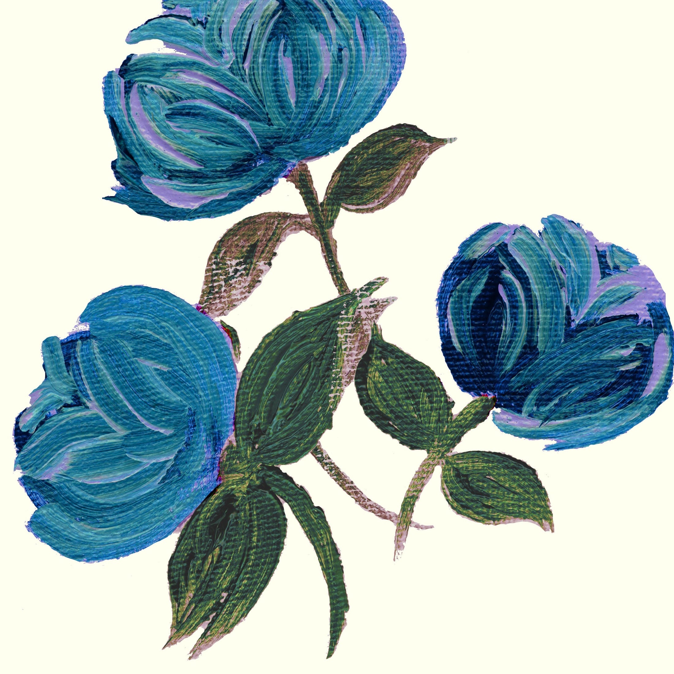 Vintage Painterly Rose Lavender and Turquoise Fabric