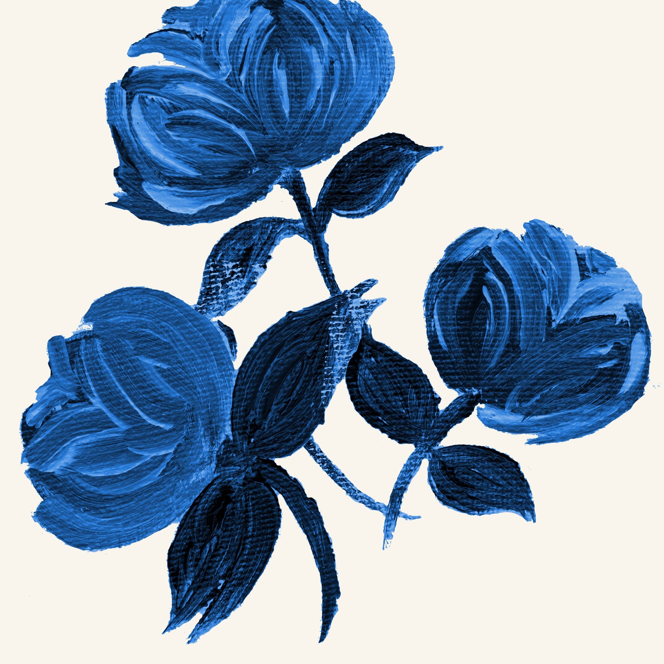 Vintage Painterly Rose Bright Blue Fabric