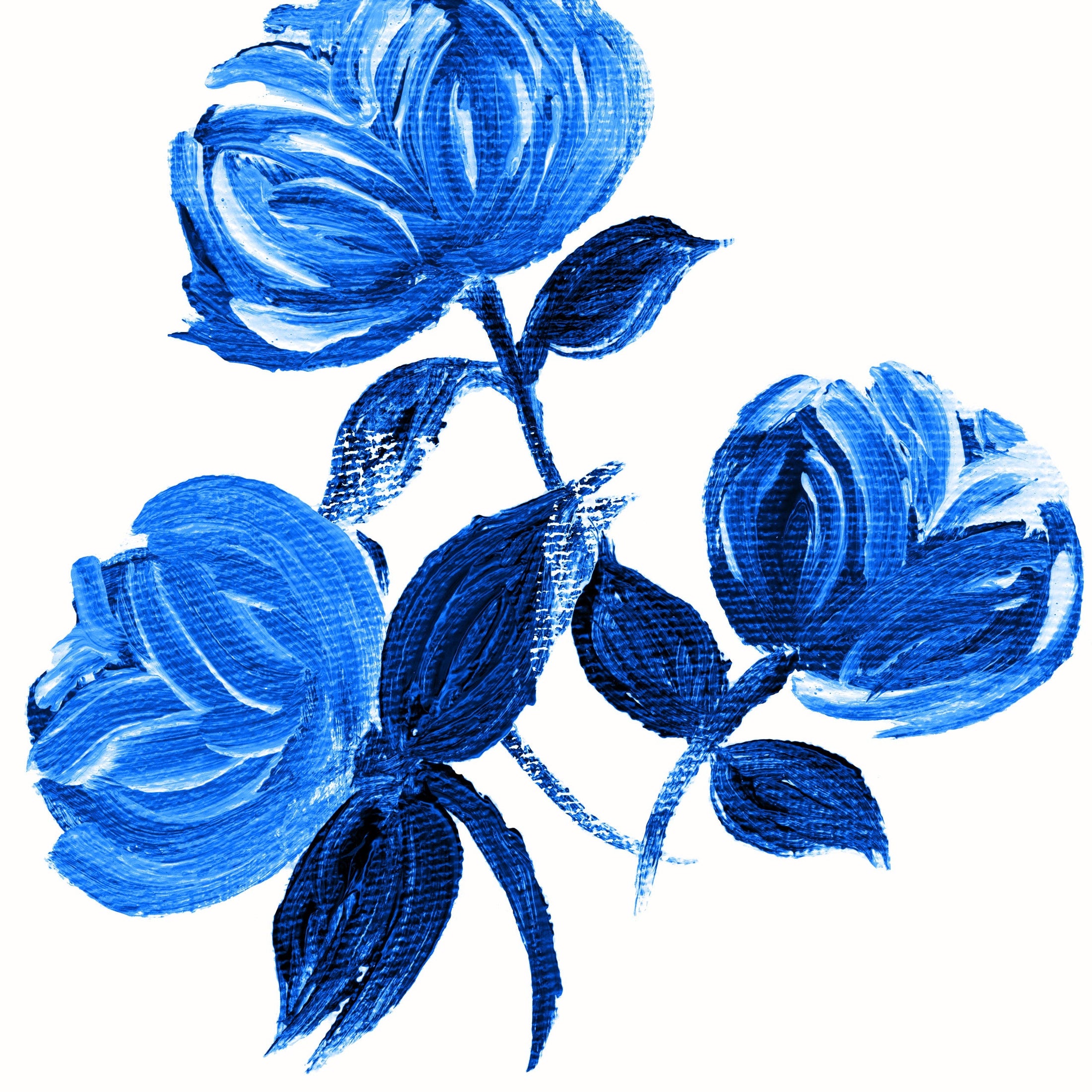 Vintage Painterly Rose White Blue Fabric
