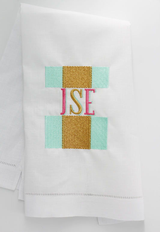 Striped Transitional Linen Holiday Custom Gift Tea Towels Monogrammed Personalized Embroidered