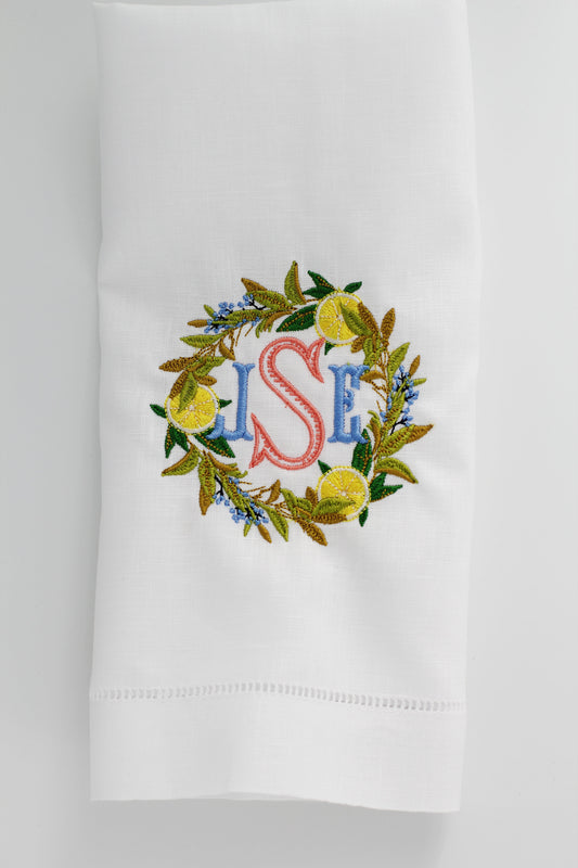 Lemon Wreath Linen Holiday Custom Gift Tea Towels Monogrammed Personalized Embroidered