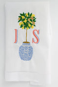 Load image into Gallery viewer, Lemon Tree Chinosserie Linen Holiday Custom Gift Tea Towels Monogrammed Personalized Embroidered
