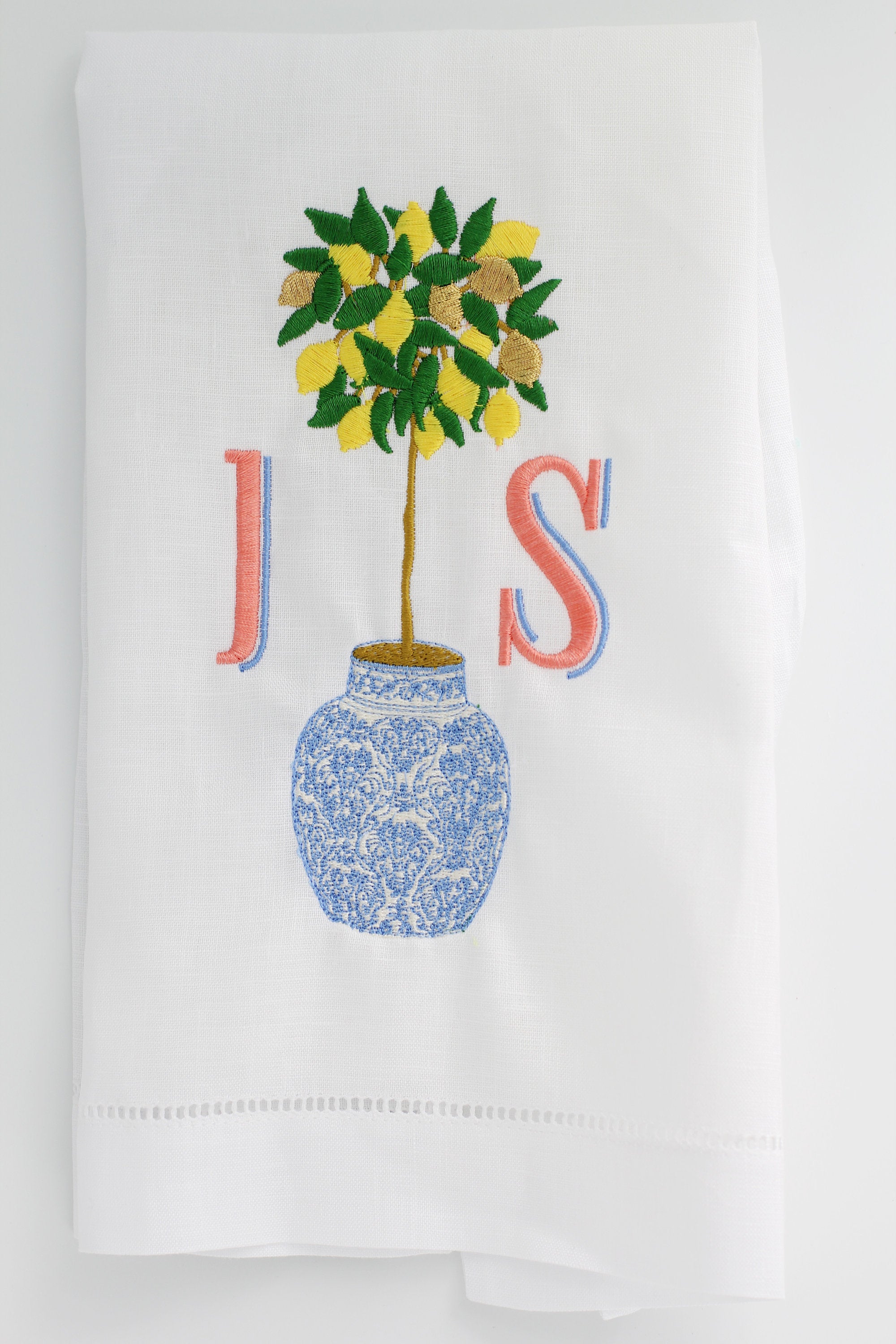 Lemon Tree Chinosserie Linen Holiday Custom Gift Tea Towels Monogrammed Personalized Embroidered