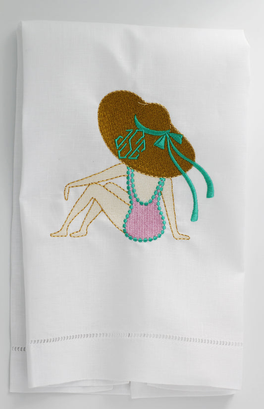 Lady on the Beach Seaside Linen Custom Gift Tea Towels Monogrammed Personalized Embroidered