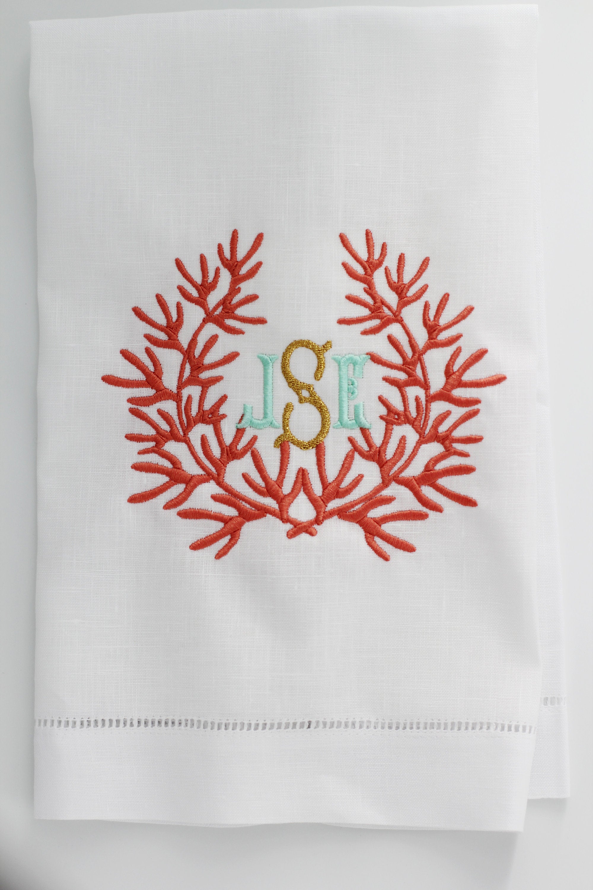 Coral Beach Airbnb Linen Holiday Custom Gift Tea Towels Monogrammed Personalized Embroidered