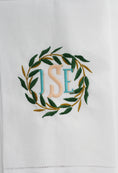 Load image into Gallery viewer, Vintage Farmhouse Eucalyptus Wreath Linen Holiday Custom Gift Tea Towels Monogrammed Personalized Embroidered
