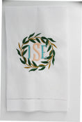 Load image into Gallery viewer, Vintage Farmhouse Eucalyptus Wreath Linen Holiday Custom Gift Tea Towels Monogrammed Personalized Embroidered
