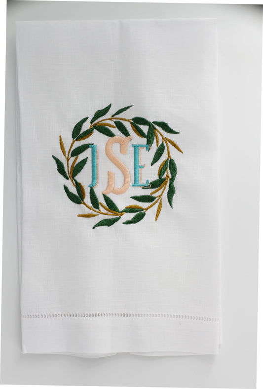 Vintage Farmhouse Eucalyptus Wreath Linen Holiday Custom Gift Tea Towels Monogrammed Personalized Embroidered