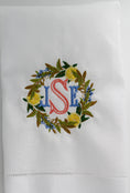 Load image into Gallery viewer, Lemon Wreath Linen Holiday Custom Gift Tea Towels Monogrammed Personalized Embroidered
