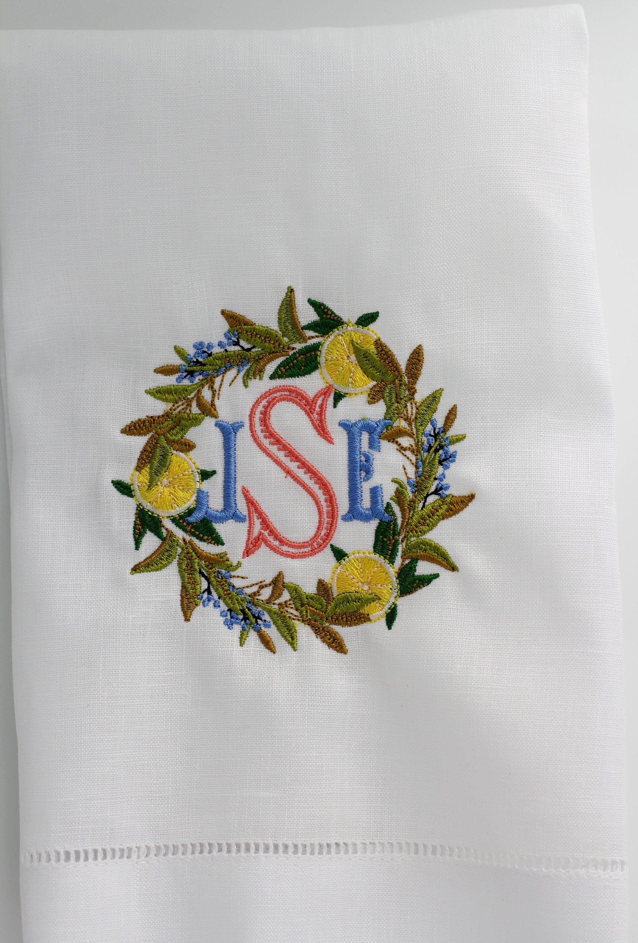 Lemon Wreath Linen Holiday Custom Gift Tea Towels Monogrammed Personalized Embroidered